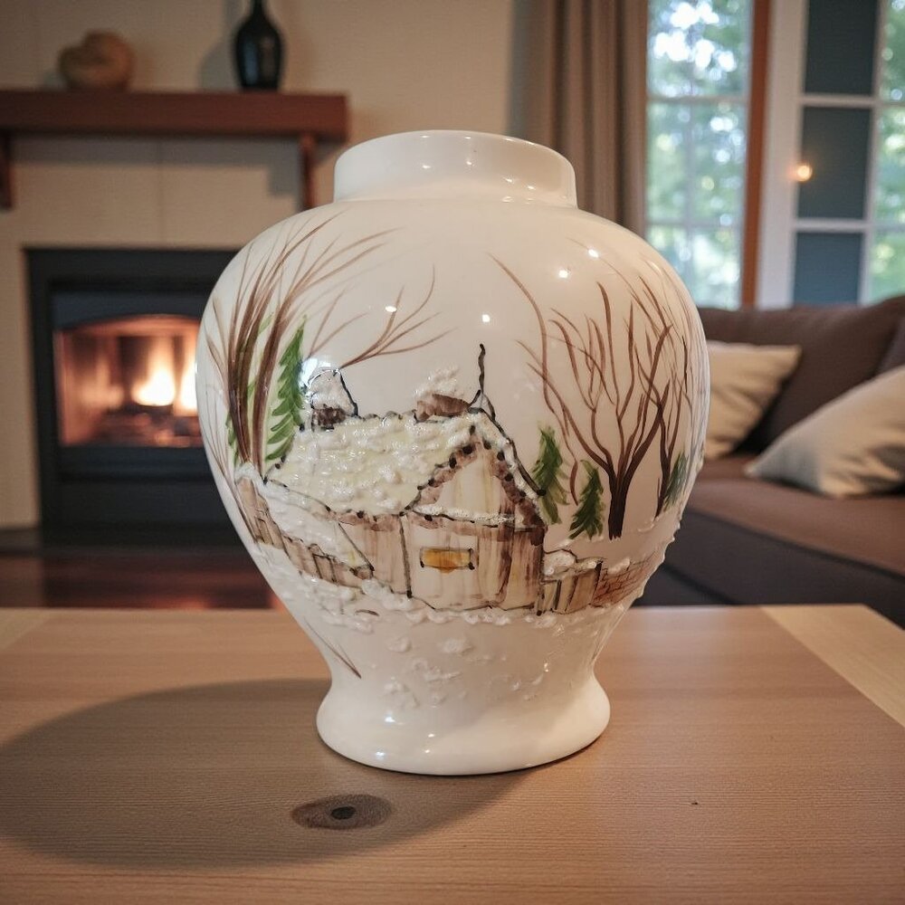 1978 Vintagw Hand Painted Winter Scene Vase, Signed Helen